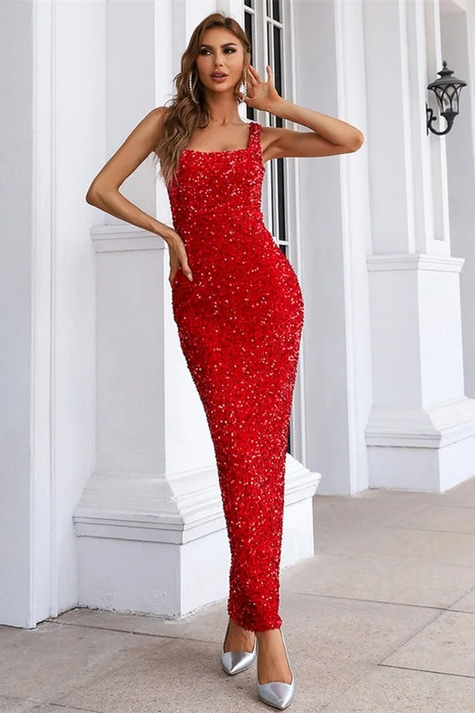 Flash Sale Vintage Charm Classic Tea Length Red Sequins Tight Dress