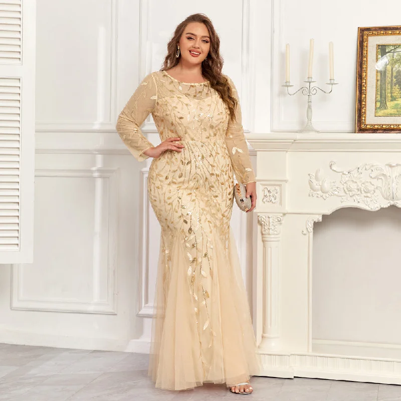 Chic Trends Unveiled Dreamy Aesthetic Plus Size Long Sleeves Scoop Neck Sequined Mermaid Tulle Evening/Formal Dress