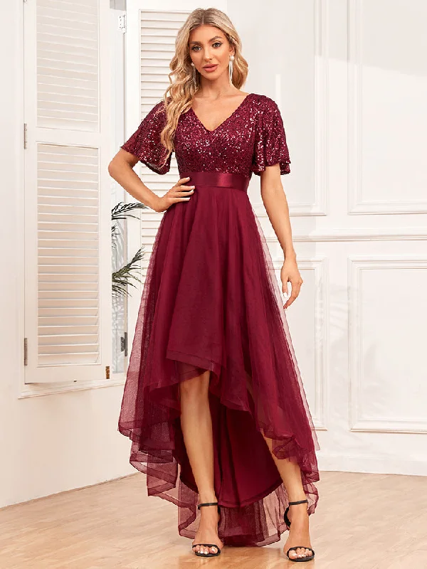 Limited Stock, Big Discounts Y2K Nostalgic Fashion Look V-Neck Short Sleeves Sequined Bodice High-Low A-Line Tulle Skirt Evening Dress