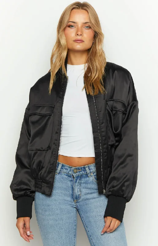 Stylish Looks Ethnic Cultural Event Wear Keziah Black Satin Bomber Jacket