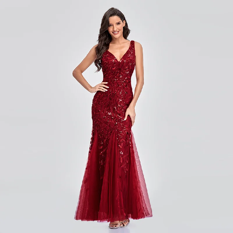 Casual Chic Deals Effortless Comfort Alluring V-Neckline Sleeveless Sequined Mermaid Tulle Evening Dress