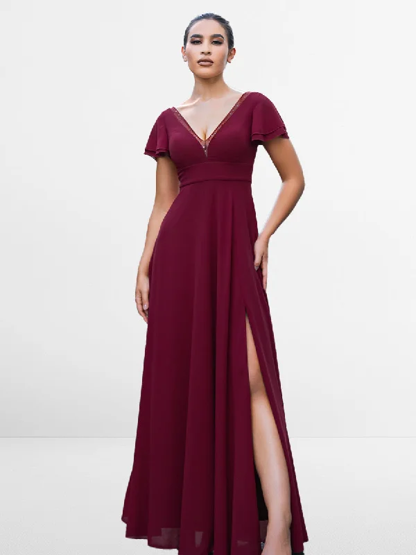 Insane Discount Onslaught Vintage Charm 2025 Wine V-Neck Burgundy Chiffon Bridesmaid Dresses