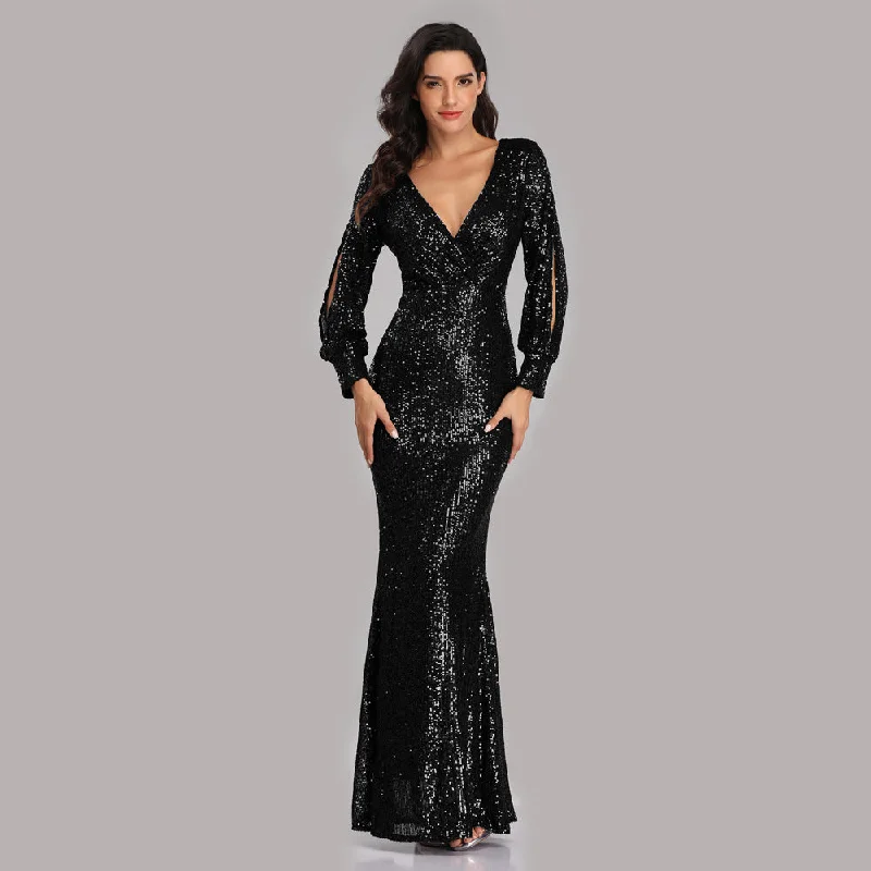 Fall Sale, Prices Drop Mid - Season Sale Sophisticated V-Neck Long Sleeves Sheath Sequin Maxi Formal/Evening Dress