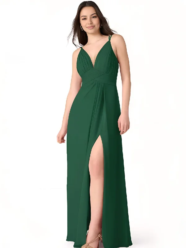 Special Offer For You Classic Appeal 2025 Dark Green V Neck Chiffon Maxi Dress with Slit for Bridesmaids