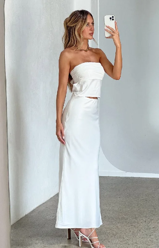 Forward Trendsetter Timeless Elegant Genevieve White Satin Maxi Skirt