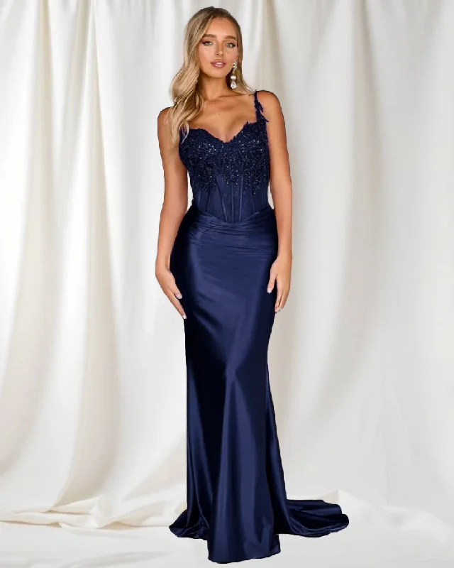 Affordable Trendy Fashion Elegant Ensemble Niki Corset Satin Gown - Navy