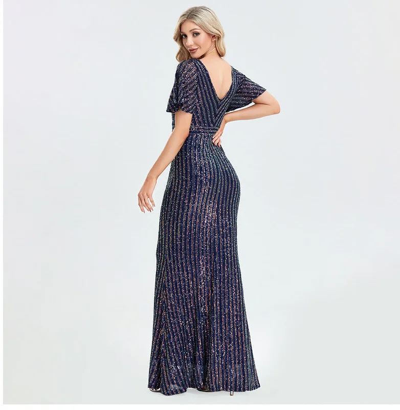 Seize Bargains Polished Finish Striped Sequined V-Neck Short Sleeves Sheath Maxi Formal/Evening Dress