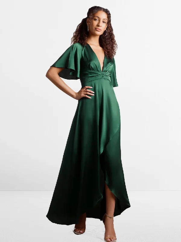 Trendy Threads Elegant Details 2025 Emerald Green Satin Maxi Bridesmaid Dress, Flutter Sleeves, V-Neck & Hi-low skirt Gowns