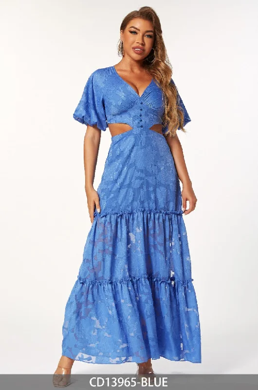 High-End Style Discounts Vintage Look BLUE V-NECK SHORT SLEEVES CUT-OUT WAIST MAXI DRESS CD13965