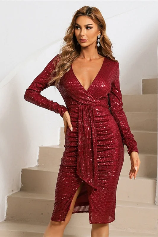 Limited Time Offer Rustic Countryside Charm Look Long Sleeves Wine Red Sequins Bodycon Dress