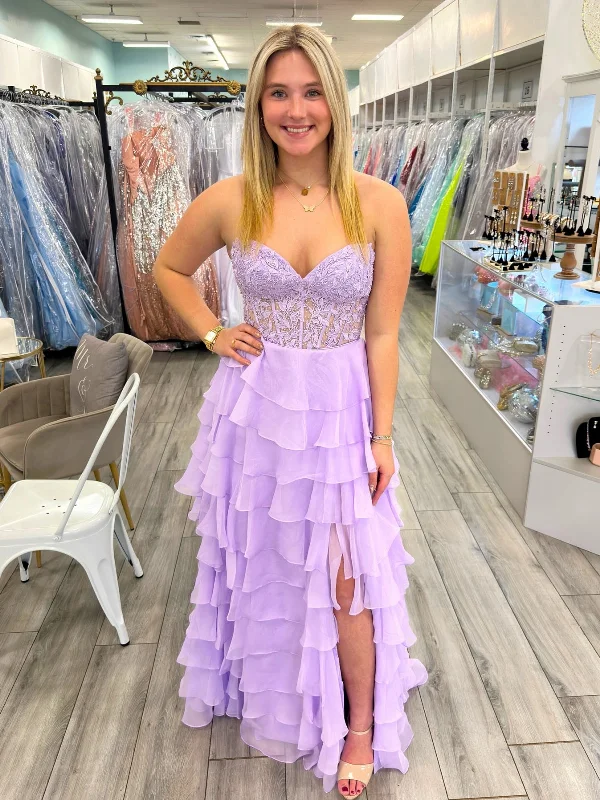 Unbeatable Prices Vintage Elegance Strapless Layered High Slit Lilac Lace Long Prom Dresses, Lilac Lace Formal Dresses, Purple Evening Dresses SP3132