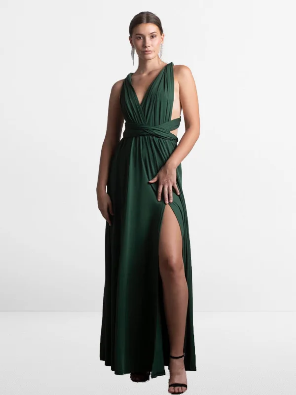 Trendy Pulse Dreamy Aesthetic 2025 Hunter Green Vegan Sleeveless Bridesmaid Dress, V-Neck Backless High Split Guest Apparel