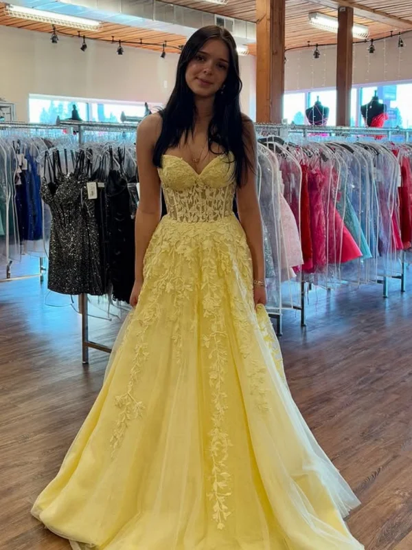 Classic Modern Offers Seasonal Trend A Line Strapless Yellow Lace Long Prom Dresses, Yellow Lace Formal Graduation Evening Dresses SP2127