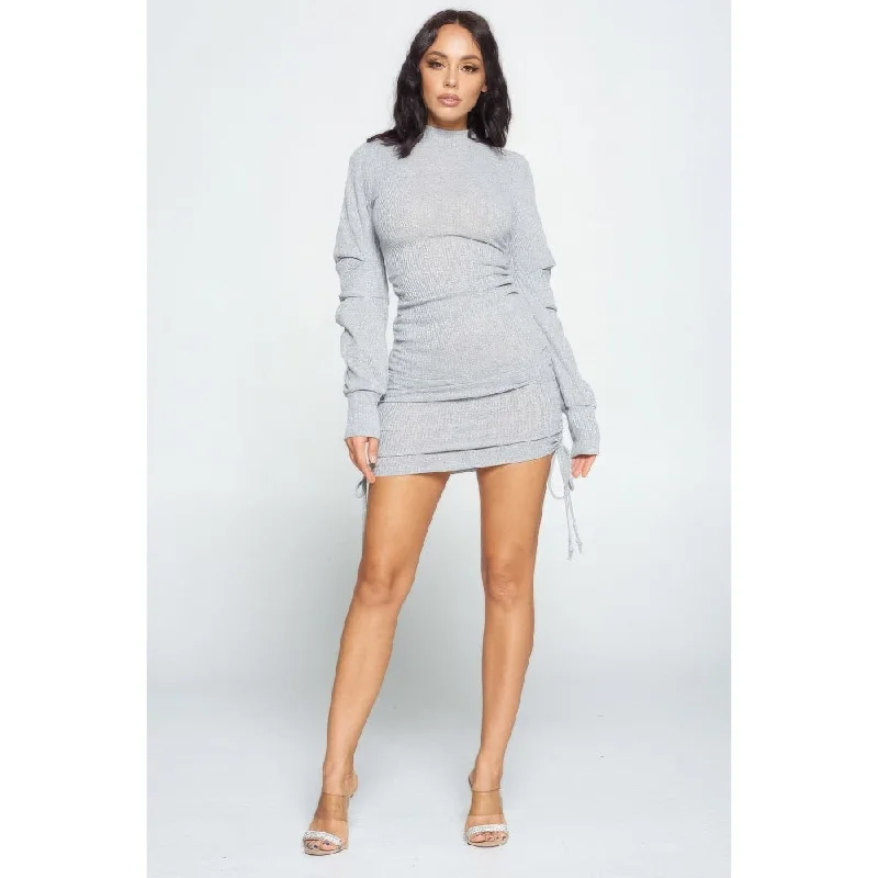 Latest Fashion Modern Glamour Solid Color Mock Neck Mini Bodycon Dress with Drawstring and Long Sleeves