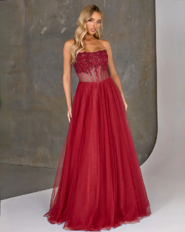 Everyday Elegance Sale Flowy Fabric Lilla Corset Tulle Gown - Ruby