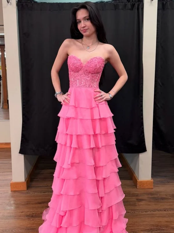 Seasonal Picks Lightweight Fabric Strapless Sweetheart Neck Layered Hot Pink Lace Long Prom Dresses, Hot Pink Lace Formal Graduation Evening Dresses SP3130