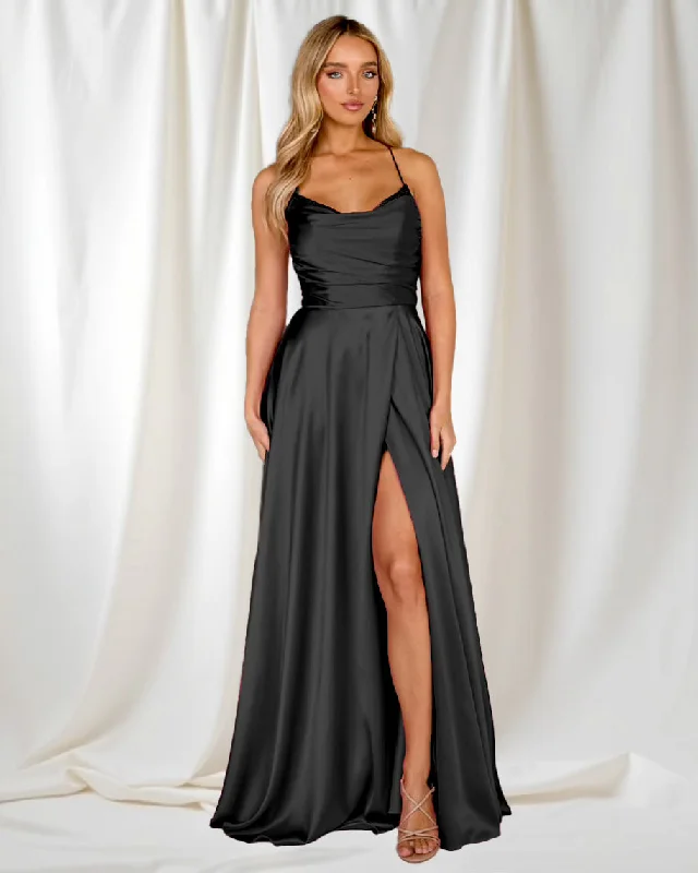 Street Style Discounts Sleek Design Cindy Satin A-line Gown - Black