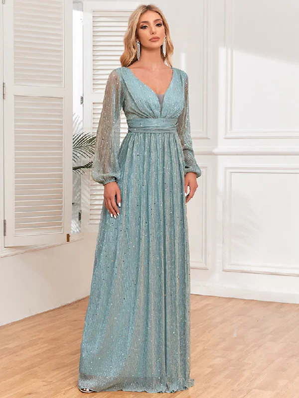 Luxury Fashion Today Only Stunning Shiny Loose Long Sleeved V-Neck A-line Evening/Formal Dress with Pleated Waist