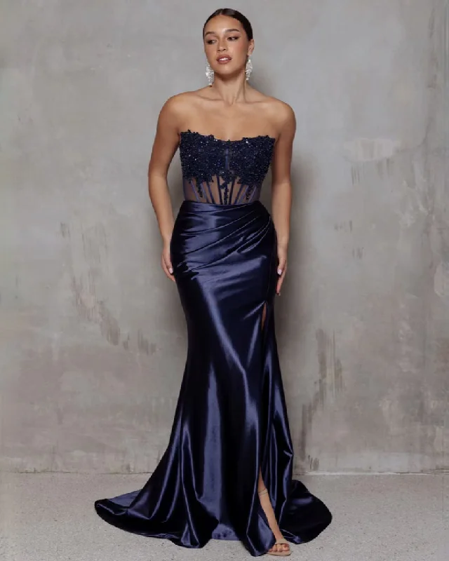 Glamorous Fashion Offers Feminine Allure Madeline Corset Satin Gown - Navy