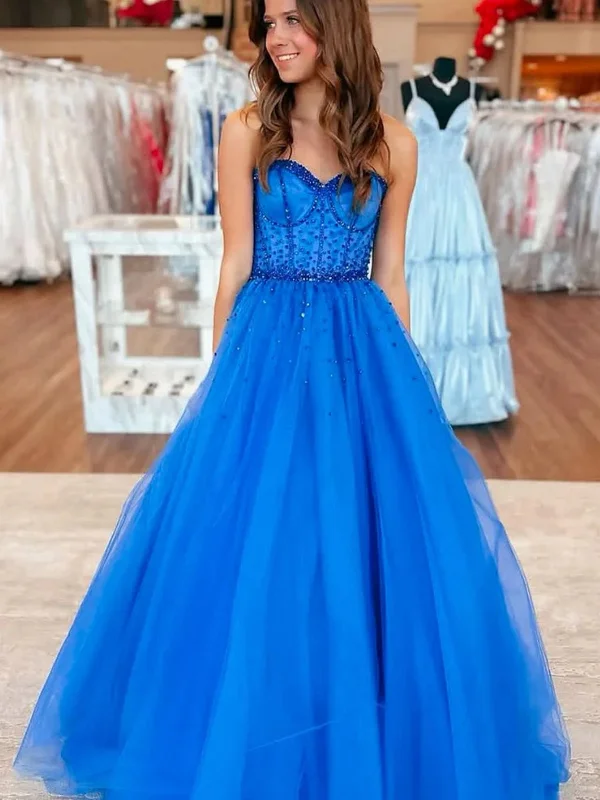 Limited Time Feminine Allure A Line Sweetheart Neck Beaded Blue Tulle Long Prom Dresses, Long Blue Formal Graduation Evening Dresses SP3131