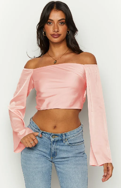 Elegant Style Feminine Grace Darcie Pink Satin Long Sleeve Top