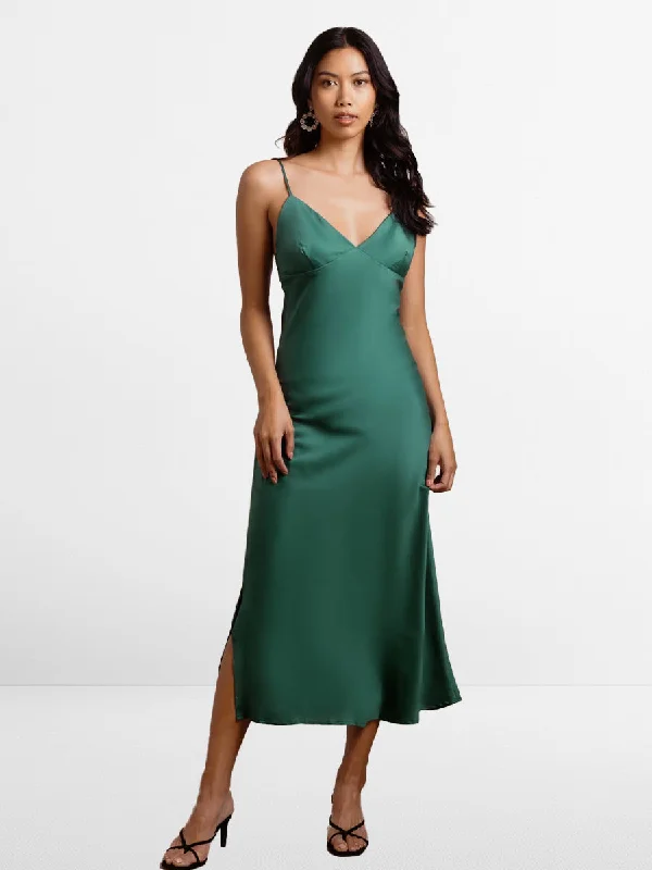 Chic And Edgy Bold Silhouette 2025 Ming Green Satin Midi Bridesmaid Dress,Sleeveless V-Neck,Thin Straps Gowns