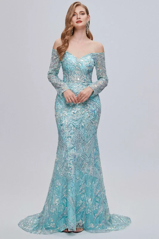 Discount Extravaganza Casual Elegance Aqua Blue Off-the-Shoulder Long Sleeve Mermaid Evening Dress