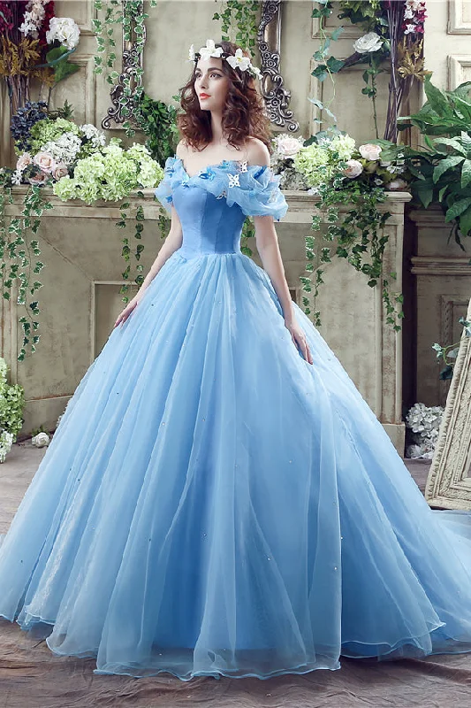 Vintage-Modern Style Offers Casual Chic Princess Blue Ball Gown Off Shoulder Cinderella Dress