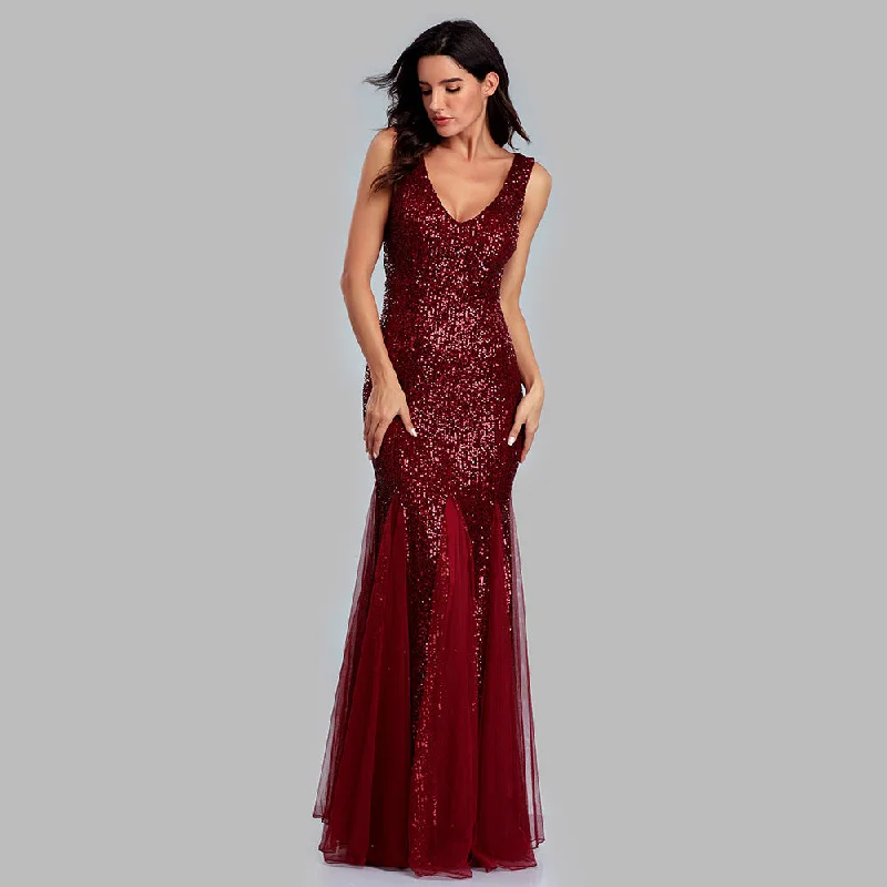 Everyday Elegance Sale Ethnic Cultural Event Wear Shimmering V-Neck Sleeveless Sheath Sequined Tulle Maxi Prom/Evening/Formal Dress