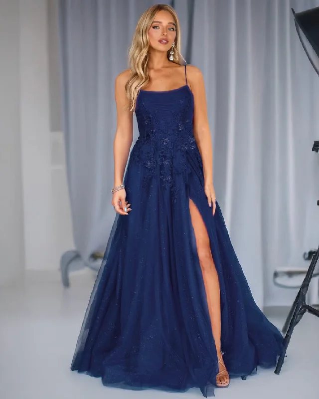 Fashion Sale Floral Style Patrice Corset Tulle Gown - Navy