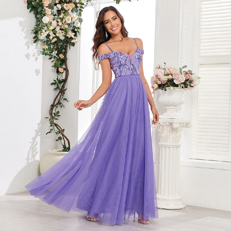 Embrace New Fashion Vintage Look Chic Spaghetti Straps Off-the-Shoulder Sequined Bodice A-Line Tulle Skirt Evening Dress